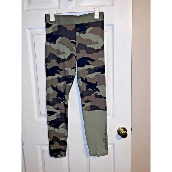 ADIDAS Climalite Leggings Logo Gym Fitness Pants Womens Green Camo Sz M - Picture 1 of 8